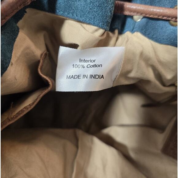 Anabaglish Suede/Leather Drawstring Hobo Shoulder Bag Purse Teal with Brown Trim - Picture 15 of 15